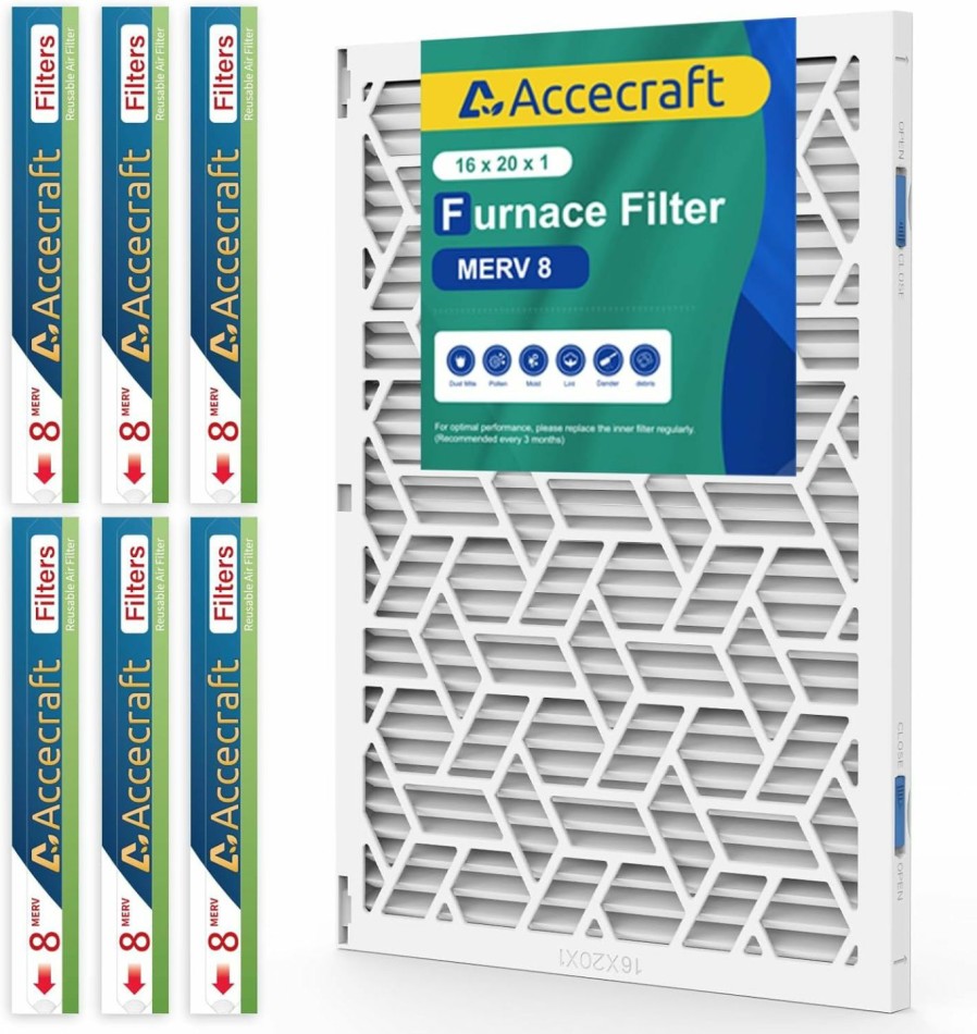 Home Improvement Accecraft | Accecraft 20X20X1 Air Filter Kit Merv 8 (6-Pack), 6 Filters With Reusable Frame, Washable Pleated Ac/Hvac Furnace Filter - Enhanced Indoor/Home/Office Air Quality(Actual Size: 19.72X19.72X0.87 Inch)