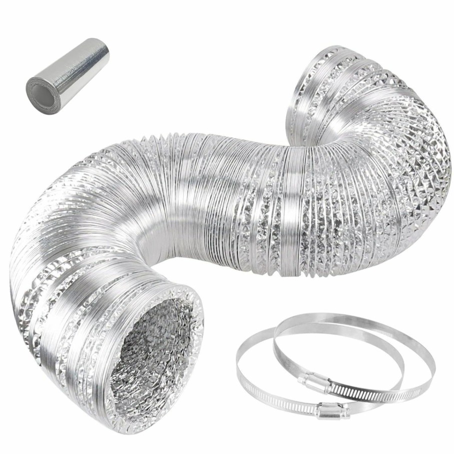 Home Improvement HealSmart | Healsmart Dryer Vent Hose 4 Inch 8 Feet Flexible Aluminum Foil Ducting With 2 Clamps For Hvac Ventilation, Non-Insulated, Silver