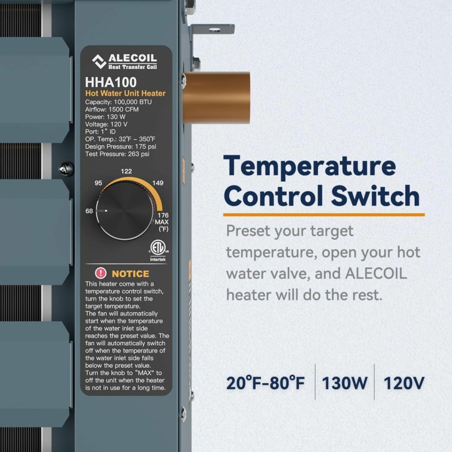 Home Improvement Alecoil | Alecoil 100,000 Btu Hydronic Hot Water Hanging Unit Heater With Water Temperature Control Switch Hha100 Water To Air Heat Exchanger With Fan For Outdoor Wood Furnaces, Garage And Warehouse Heating