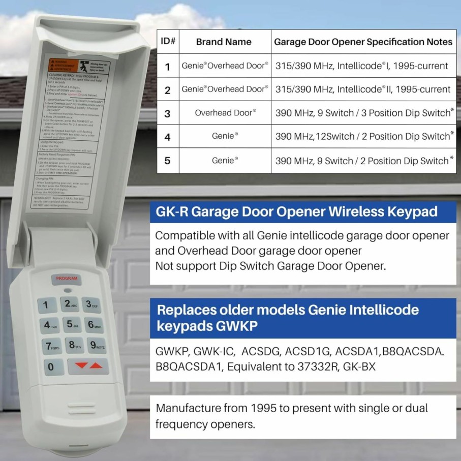 Home Improvement tauuio | Gk-R Garage Door Opener Wireless Keypad For All Genie/Overhead Door Opener Since 1995, With Intellicode Technlogy, Replace 37332R, Gk-Bx, Okp-Bx, Gwk-Ic, Gwkp, Acsdg, Acsd1G, Acsda1, B8Qacsda Etc.