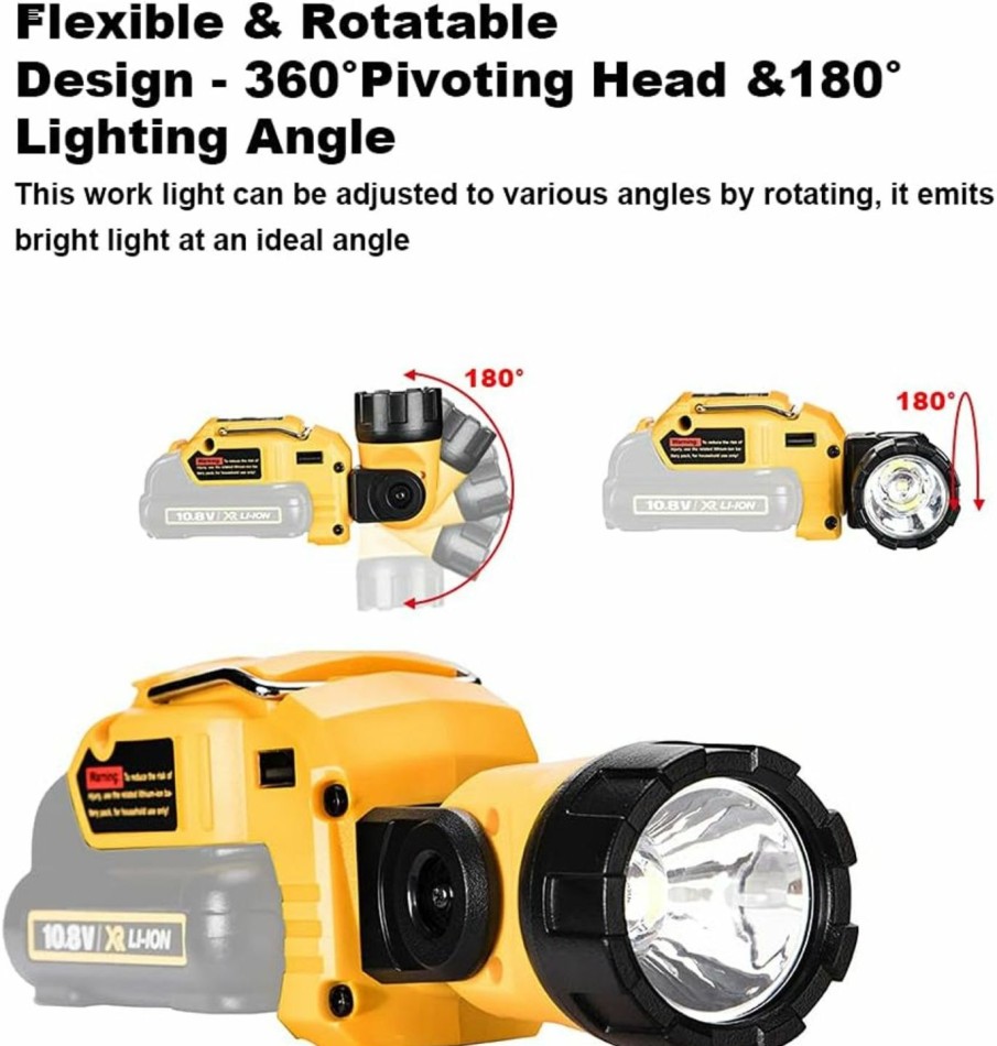 Home Improvement WaxPar | 12V Flashlight Compatible With Dewalt 12V Li-Ion Battery, 280Lm Led Work Light Jobsite Light Handheld Spotlight With 360 Degree Pivoting Head & 5V/2.1A Usb Port & 1.5A Dc Port & Powerful Magnet