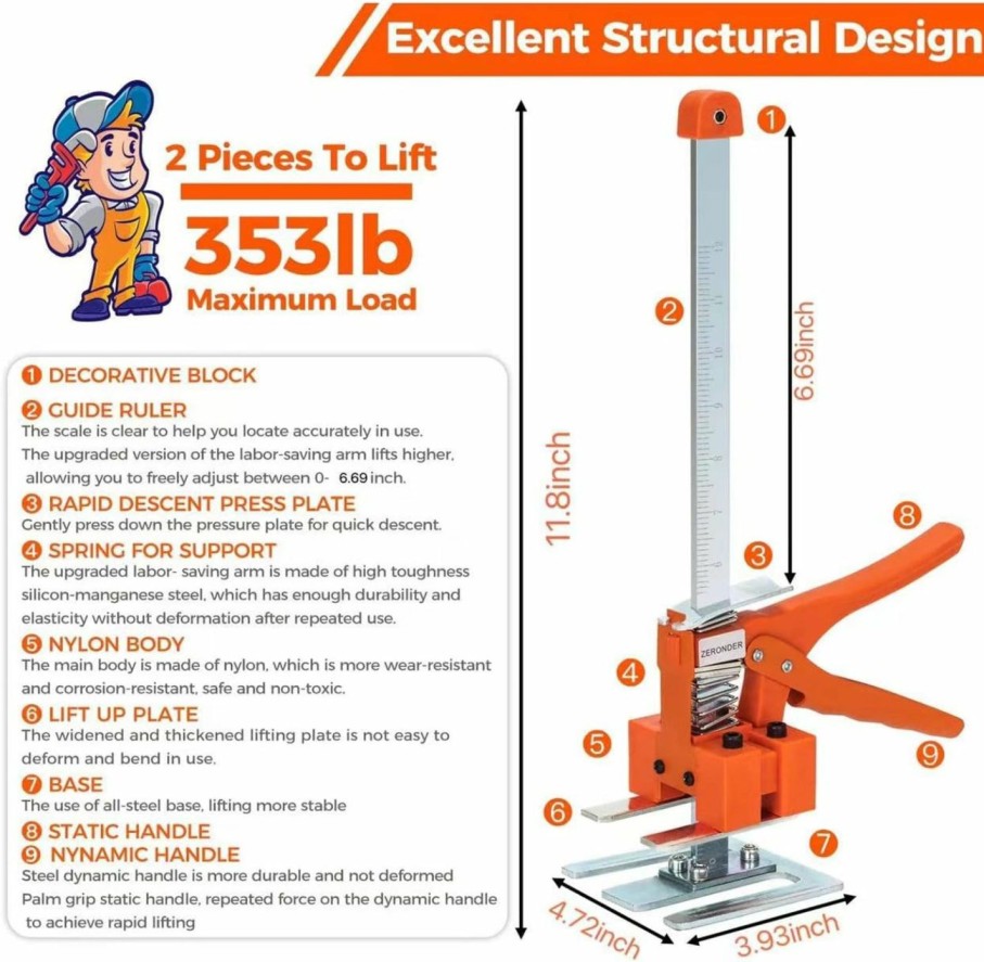 Home Improvement ZERONDER | Zeronder Labor-Saving Arm, 15.35-Inch Men'S Labor-Saving Tool, 2-Piece Height Adjustment Device, Can Achieve 10.43 Inches Of Lift Through The Arm, Used To Install Furniture, Cabinets, Tiles, Etc.