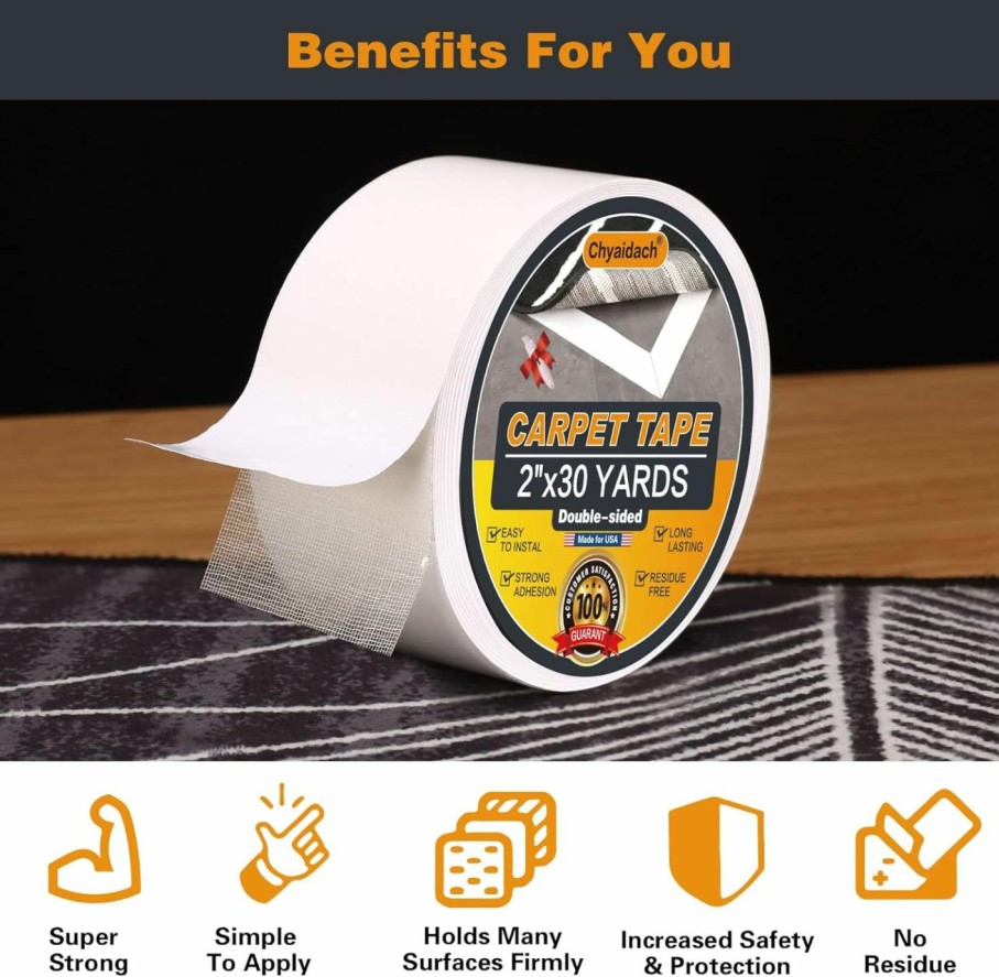 Home Improvement Chyaidach | Chyaidach Double Sided Carpet Tape[2\" X12Yd]Rug Gripper Tape For Area Rugs Over Any Hard Surface Floors,Rug High Adhesive Safe Tape,Strong Sticky,Removable,No Residue,Multi-Purpose 2 Sided Carpet Tape