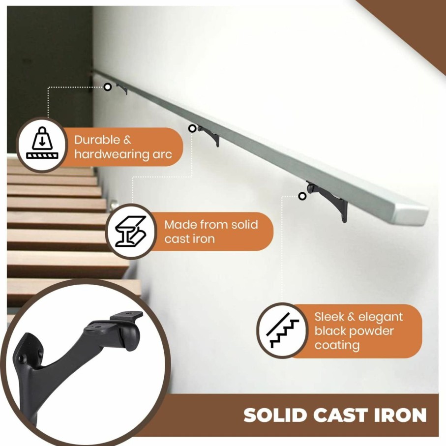 Home Improvement A29 | [Set Of 4] A29 Heavy Duty Metal Handrail Brackets - Cast Iron Hand Railing Brackets For Stairs - Black Powder Coat - Steel Banister Support For Indoor, Outdoor Stairway - Mounting Hardware Included