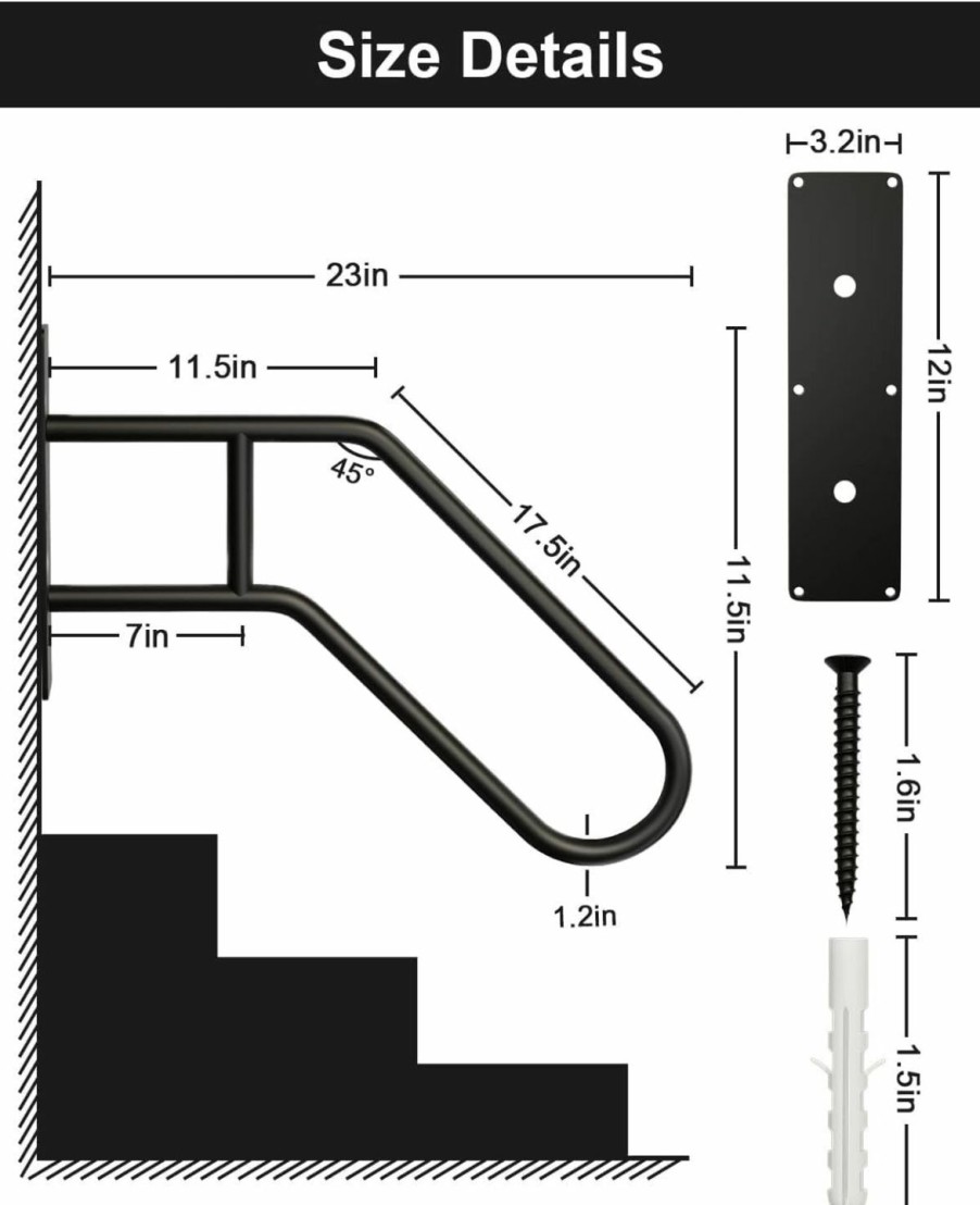 Home Improvement Amitself | Handrails For Outdoor Steps Stair Railing Indoor, 1 To 3 Steps Stairs Wall Mounted Metal Handrail For The Elderly, Kids, Disabled, Pregnant Women