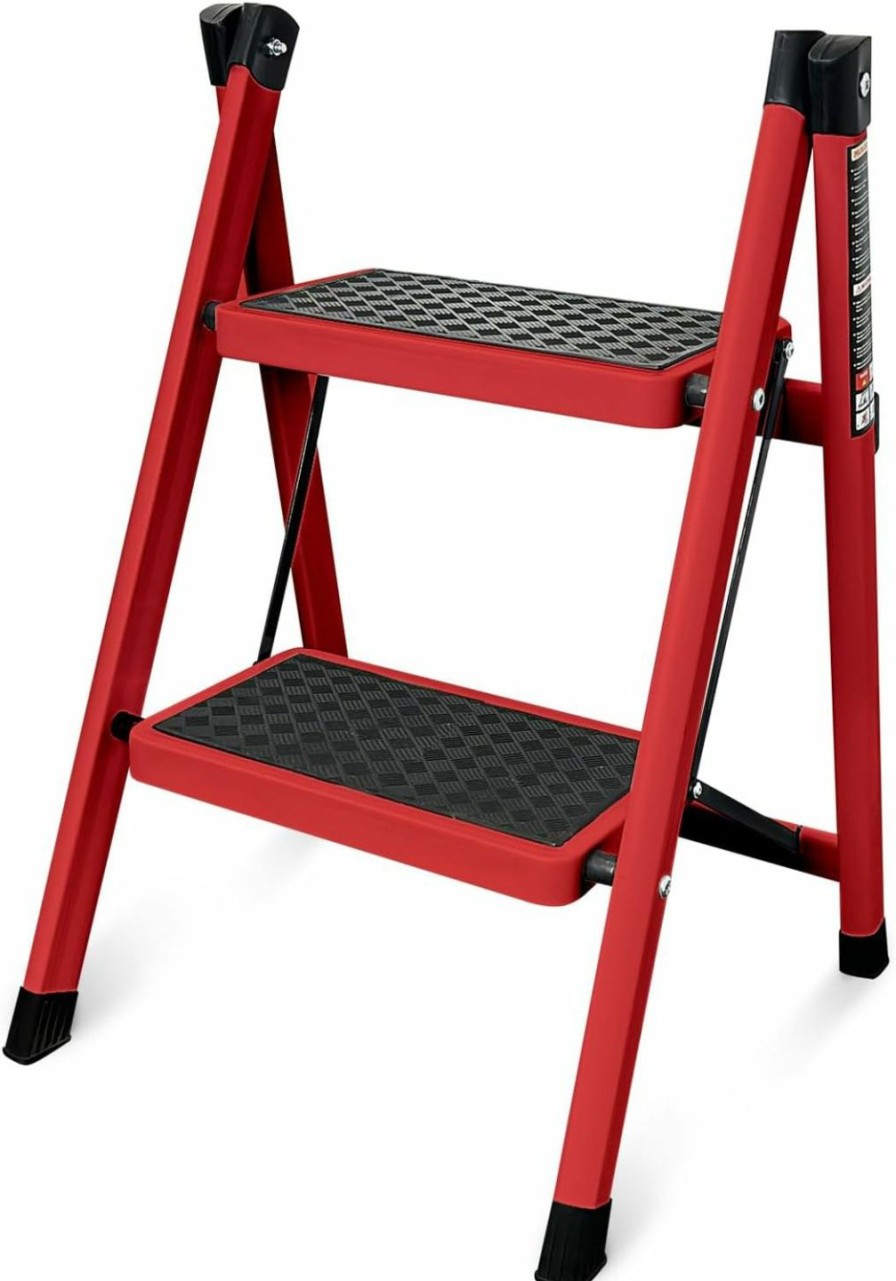 Home Improvement Krightlink | Krightlink Step Ladder, Folding Step Stool With Wide Anti-Slip Pedal, Sturdy Steel Ladder, Lightweight, Portable Steel Step Stool, Household Office Portable Stepladder - Red (3 Step)