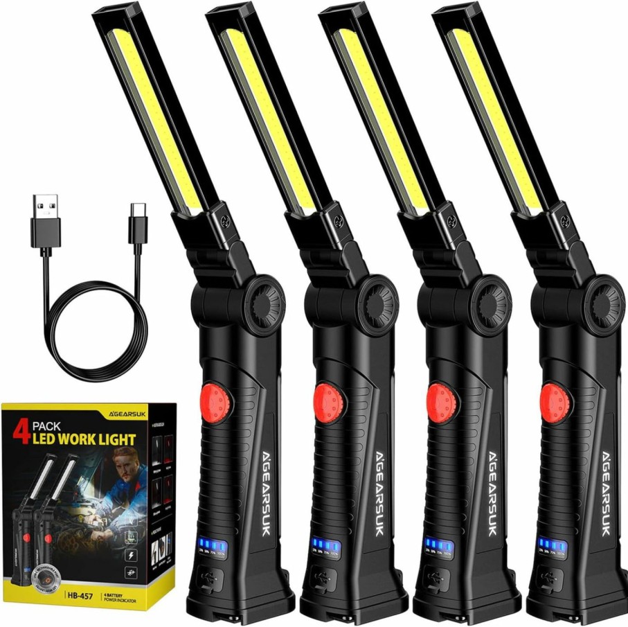 Home Improvement AGEARSUK | Led Work Light, 2200 Mah Usb-C Rechargeable Work Light, 500 Lumens Work Light With Magnetic Base And Hanging Hook, 360 Rotate 4 Modes Mechanic Light For Car Engines Repair, Emergency (4 Pack)