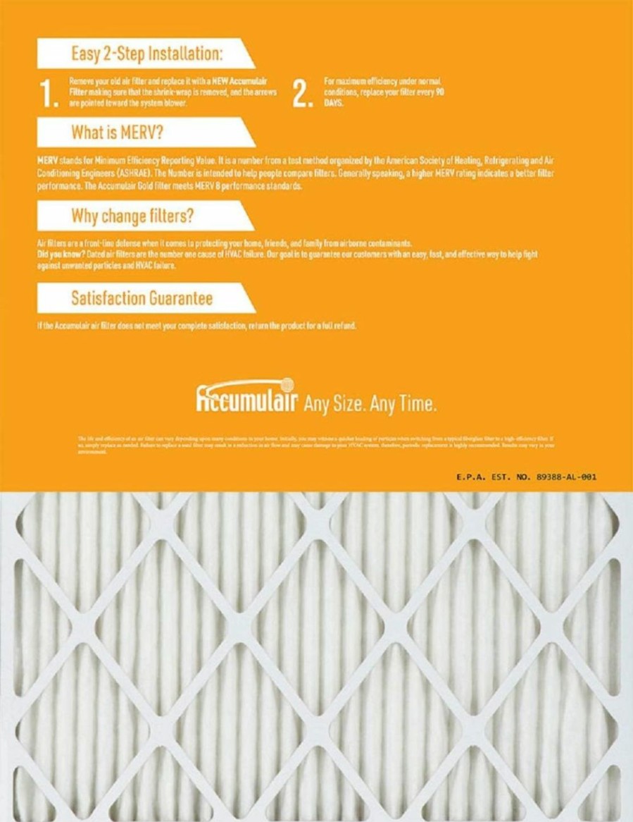 Home Improvement Accumulair | Accumulair Gold 18X30X1 (17.5X29.5) Merv 8 Air Filter/Furnace Filter (2 Pack)