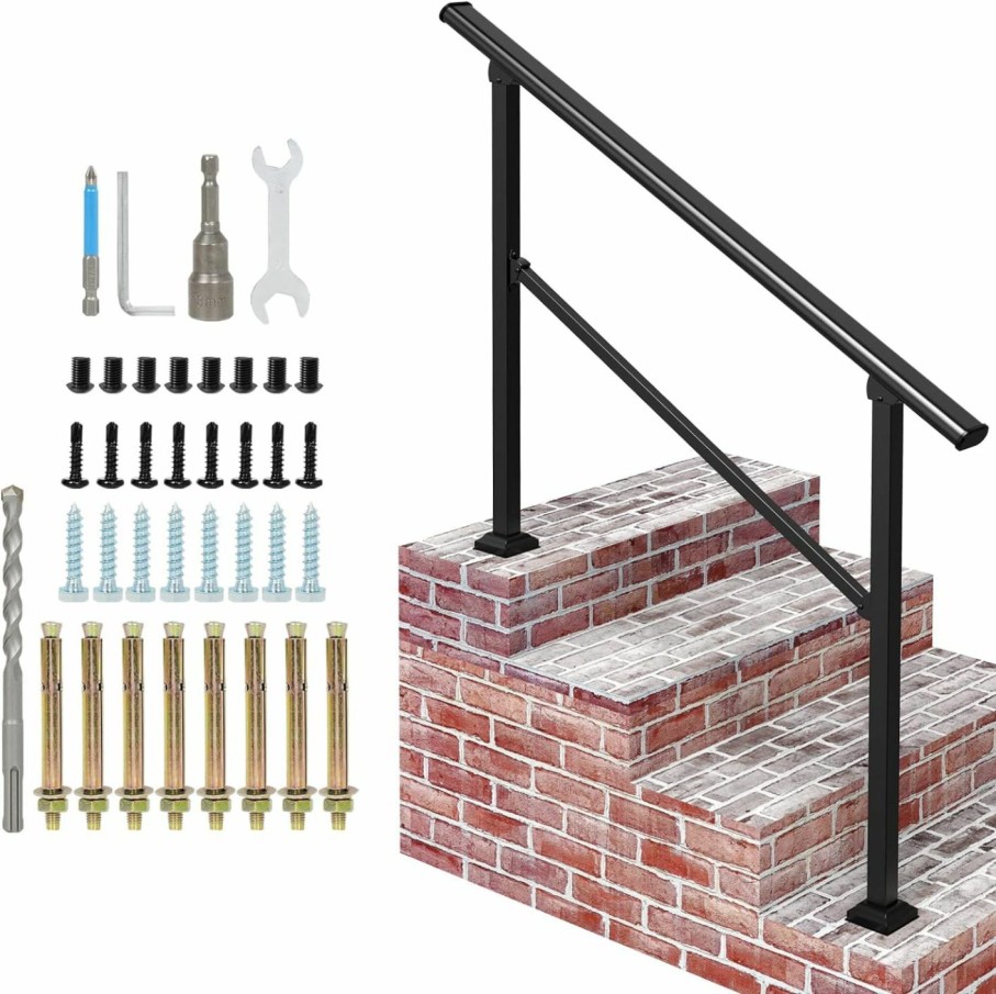 Home Improvement HIDALIFE | Hidalife Handrails For Outdoor Steps, 2 Step Handrail Fit 1 To 2 Steps Outdoor Stair Railing, Metal Porch Railing, Deck Handrail, Black Wrought Iron Railing With Installation Kit For Concrete Steps