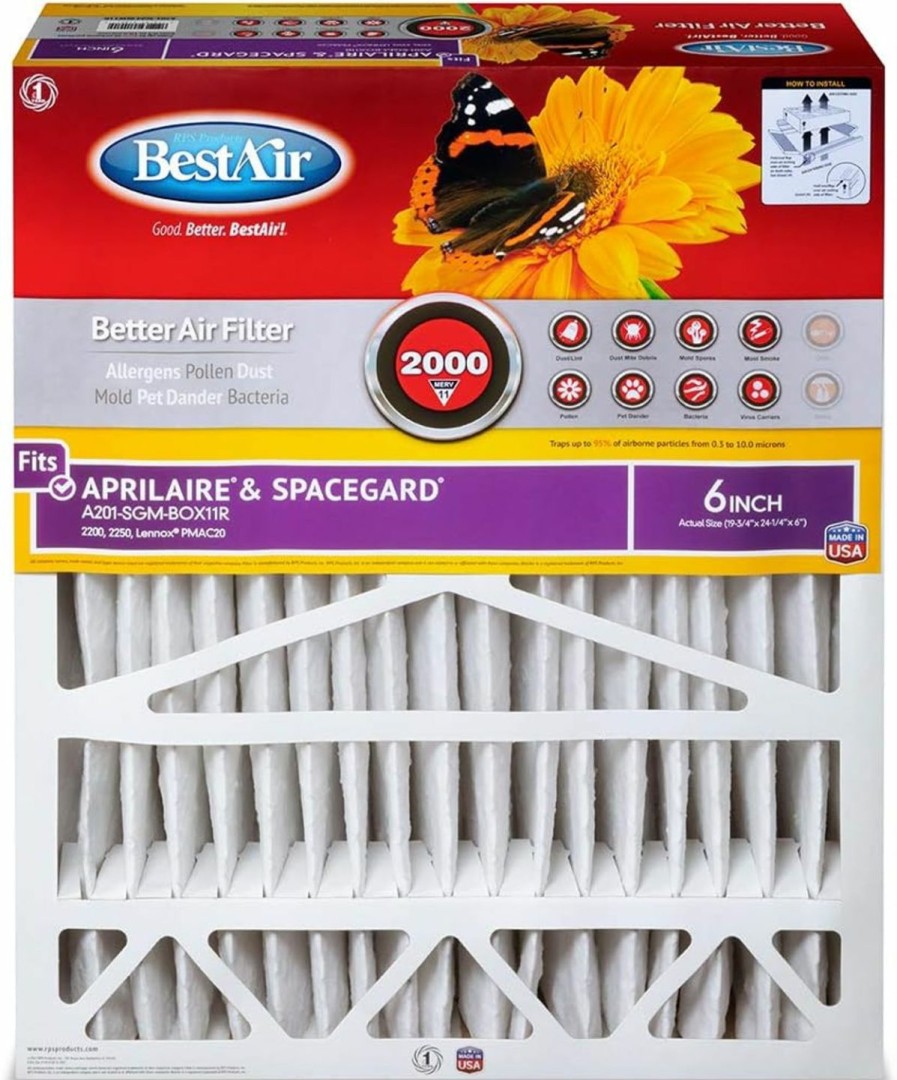 Home Improvement BestAir | Bestair A201-Sgm-Box-11R Ac Furnace Air Filter, 20\" X 25\" X 6\", Merv 11, With Cardboard Frame, Fits 100%, For Aprilaire/Spacegard 2200, 2250 (201) & Lennox Pmac-20C 24\", 1 Count (Pack Of 1)