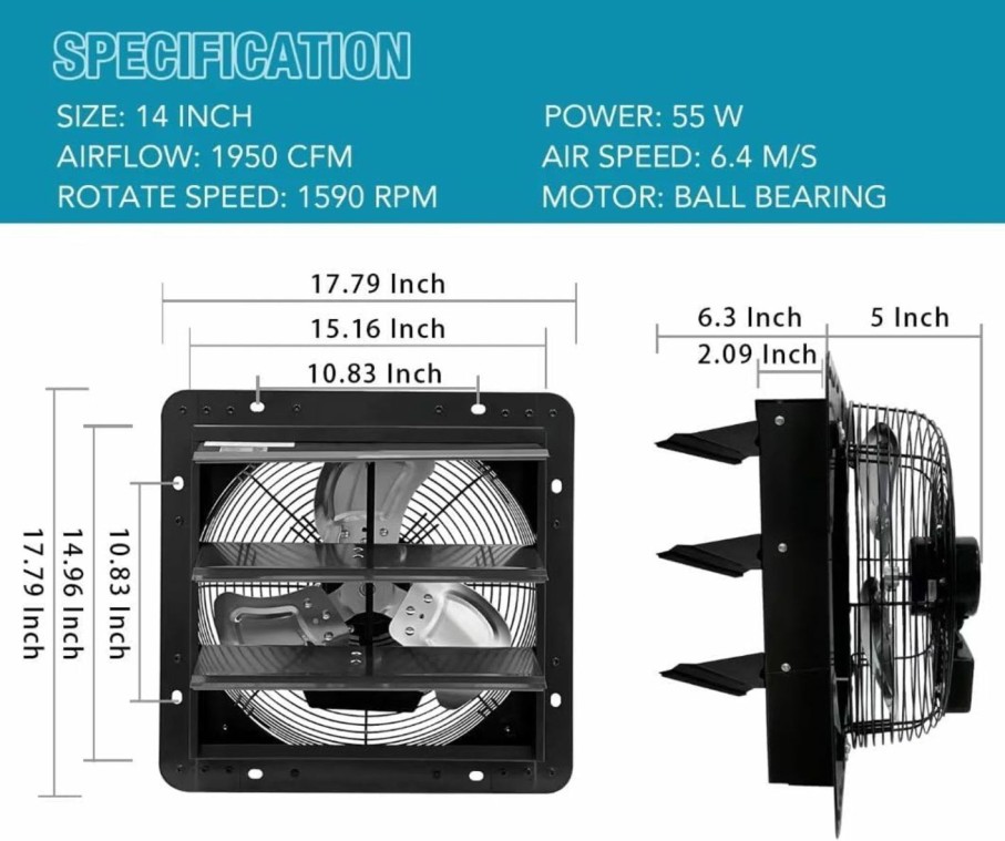 Home Improvement VENTISOL | Ventisol 14 Inch Shutter Exhaust Fan Wall Mounted, Aluminum Blades, With 1.65 Meters Power Cord Kit, Max.1950Cfm, Ventilation Fan For Garage,Greenhouse,Attic,Shed,Shop-Black