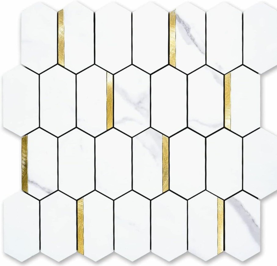 Home Improvement Vamos Tile | Vamos Tile Long Hexagon Peel And Stick Backsplash Tile - 10 Sheets Stick On Backsplash For Kitchen And Bathroom 12.4 X 12 Inch White Marble Look Pvc Self Adhesive Mosaic Wall Tiles