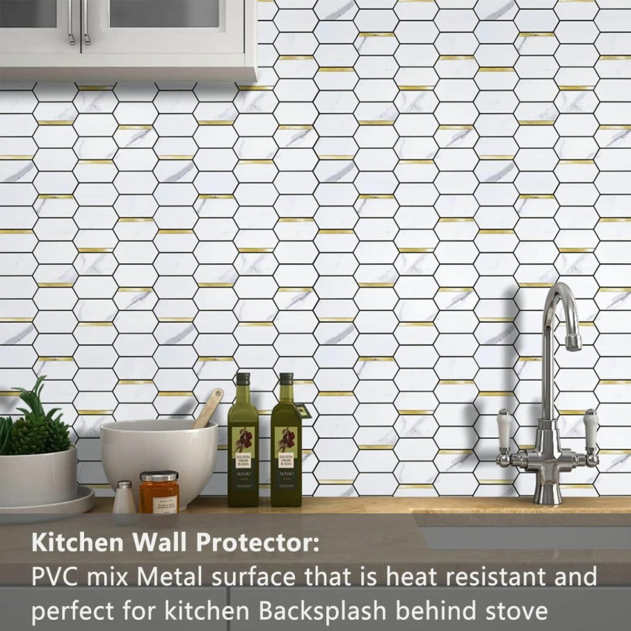 Home Improvement Vamos Tile | Vamos Tile Long Hexagon Peel And Stick Backsplash Tile - 10 Sheets Stick On Backsplash For Kitchen And Bathroom 12.4 X 12 Inch White Marble Look Pvc Self Adhesive Mosaic Wall Tiles