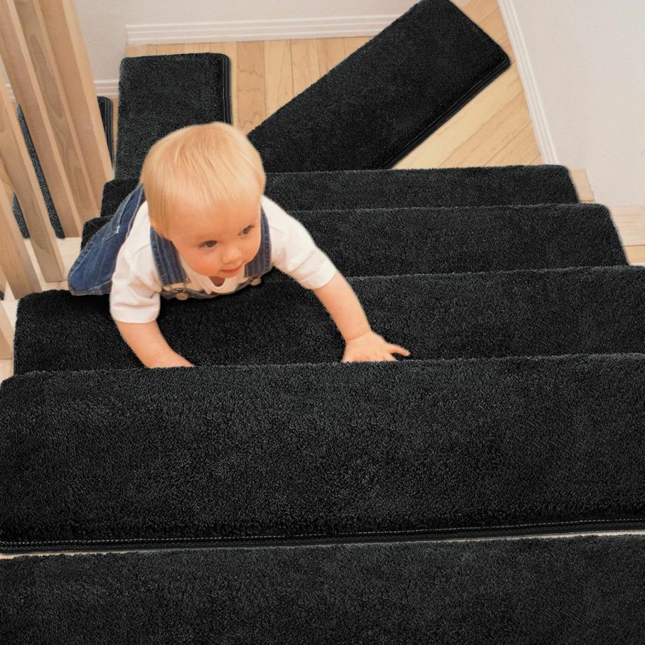 Home Improvement PURE ERA | Pure Era Carpet Stair Treads Ultra Plush Soft Bullnose Indoor Stair Protectors Pet Friendly Non-Slip Skid Resistant Tape Free Washable Reusable (14 Pieces, Dark Gray)