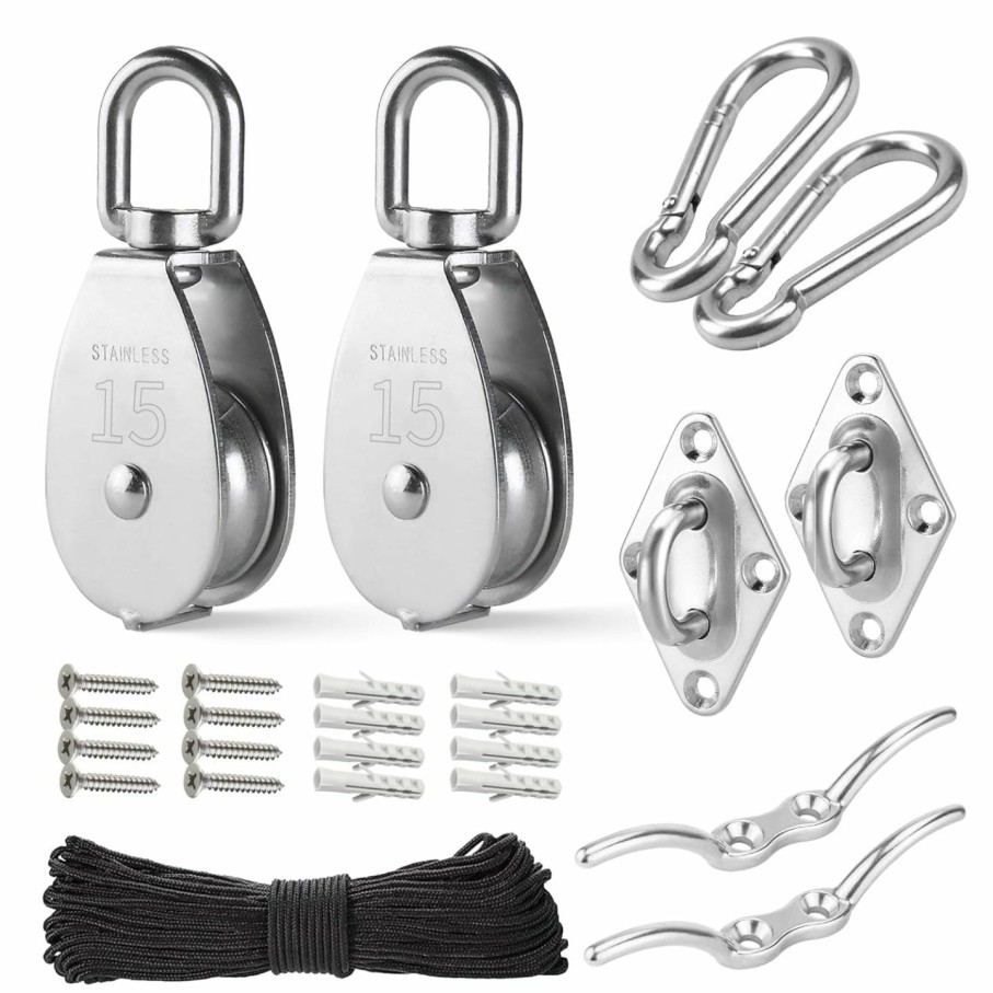 Home Improvement LAIWOO | Laiwoo M25 Stainless Steel Pulley System Kit-Heavy-Duty Pulley Wheel, Pulley Block With Nylon Rope, Hooks, Eye Pad Plate, And Rope Cleat - Ideal For Lifting, Diy Projects, And Clothesline (2 Pack)