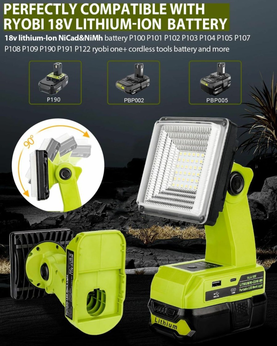 Home Improvement Adisipsoarin | Cordless Led Work Light For Ryobi 18V Battery, 25W Led Floodlight With Usb-A&Usb-C 2.1A Fast Charging Ports For Jobsite, Car Repairing, Camping, Emergency