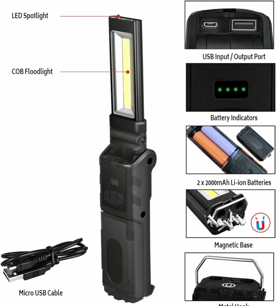 Home Improvement DR.PREPARE | Dr.Prepare Magnetic Work Light, 4500Mah Led Work Light Rechargeable, 700 Lumens Cob Mechanic Work Light, Folding Work Light For Car Repairing, Workshop, Household And Emergency Use