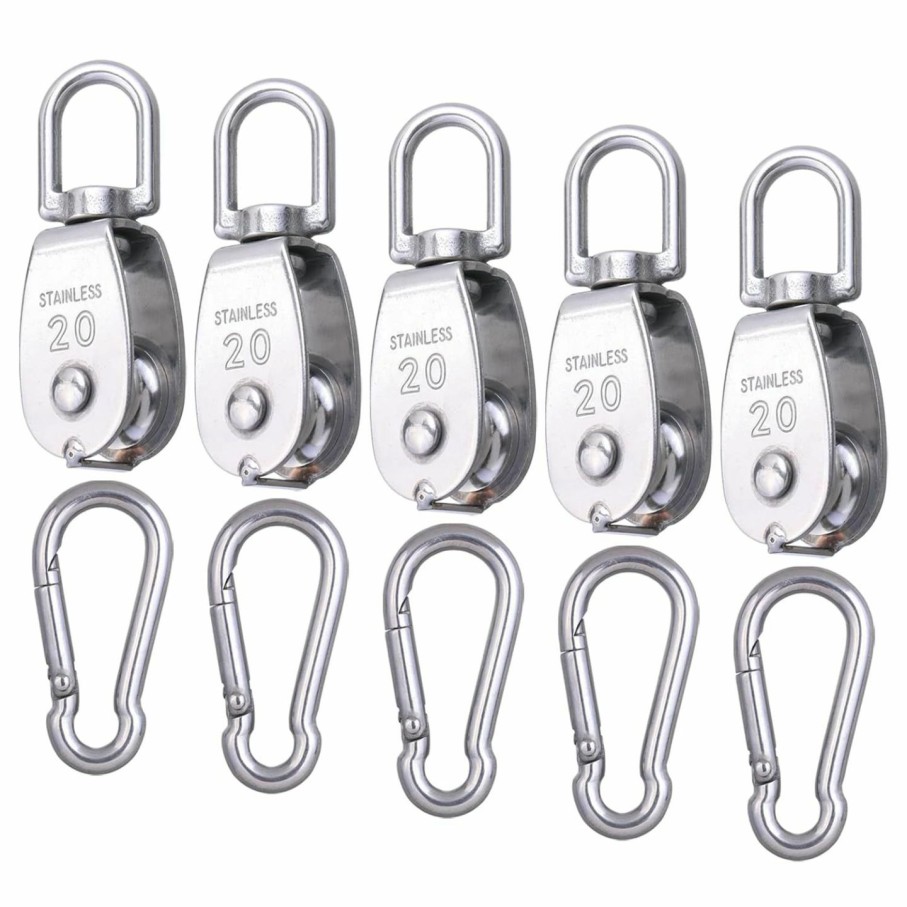 Home Improvement Shitime | Shitime 5 Pcs M15 Single Pulley Block, 304 Stainless Steel Lifting Crane Pulley, Wire Rope Hanging Pulley Wheel, With 5 Pcs Spring Snap Hook.