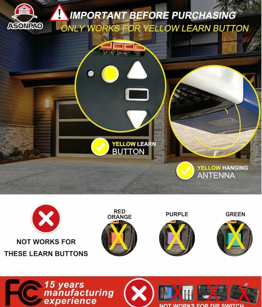 Home Improvement ASONPAO | Asonpao 2 For Liftmaster 893Lm 3-Button Garage Door Opener Remote Yellow Learn Button Security+ 2.0 Myq