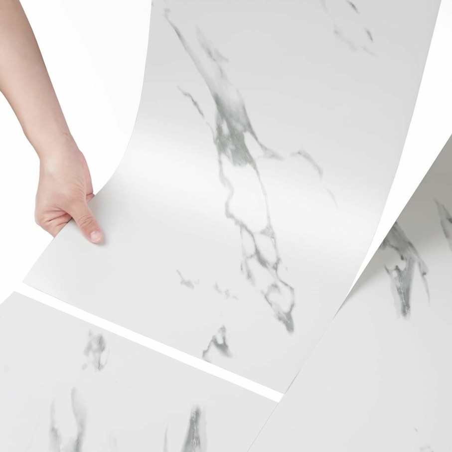 Home Improvement Stickyart | Stickyart 15-Piece White Peel And Stick Marble Vinyl Flooring For Bathroom Waterproof 12\"X24\" Self Adhesive Marble Floor Tile Stickers Peel And Stick Flooring For Kitchen Bedroom Laundry