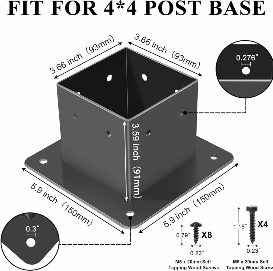 Home Improvement HONSREO | Honsreo 4X4 Post Base, 4Pcs Post Brackets (Inner Size 3.5\"X3.5\"), Black Powder-Coated Heavy Duty Steel Fence Post Anchor For Deck Porch Railing Pergola Support