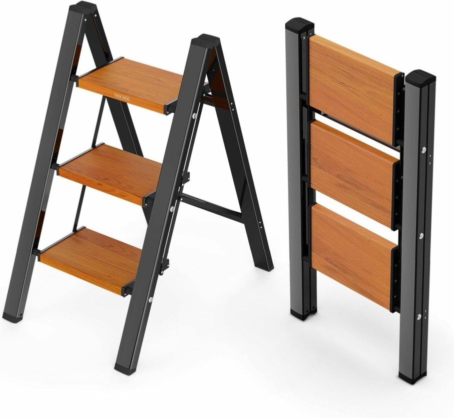 Home Improvement WOA WOA | Woa Woa Step Ladder, Widening Pedals For Extra Balance, Lightweight Step Stool, Easy To Move Around, Foldable Ladder, Space Saving, Anti-Slip Stepladder 300 Lbs Capacity (2 Step, Black & Wood Grain)