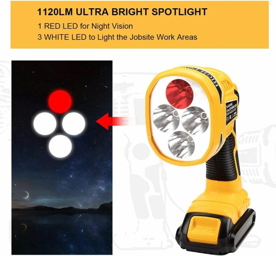 Home Improvement WaxPar | 20V Tools Led Light, Waxpar Emergency Spotlight Powered By Dewalt 20V-60V Max Lithium Ion Battery, 12W 1120Lm Jobsite Cordless Work Light With 110 Degree Pivoting Head