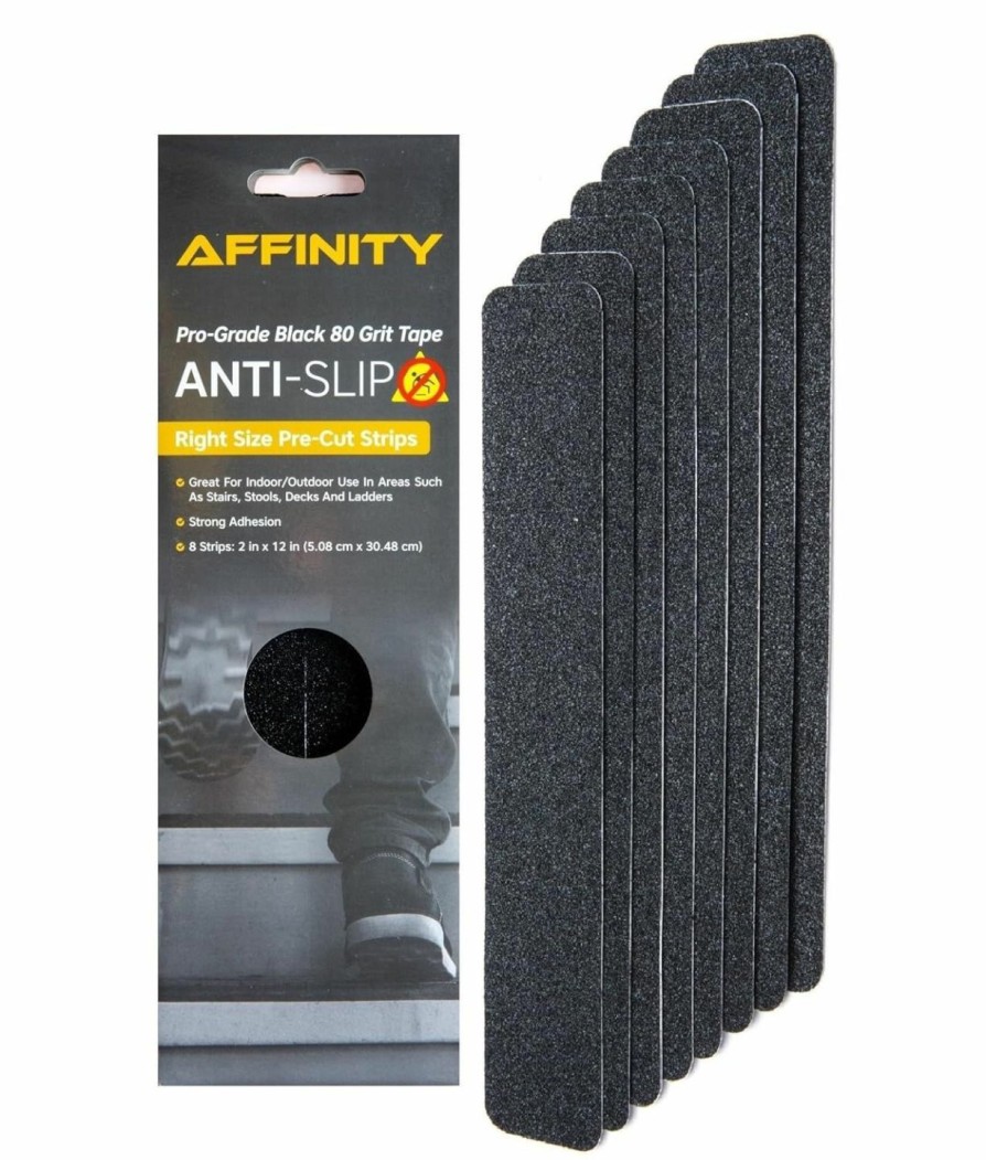 Home Improvement Affinity | Anti-Slip Tape - Premium 8 Pre-Cut Strips, Black 80 Grit Slip Resistant Safety Treads - 2 Inch X 12 Inch Rounded Corners - Right Size And Ready To Use For Easy Application